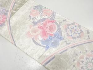 華紋に花丸・孔雀羽根模様織り出し　袋帯